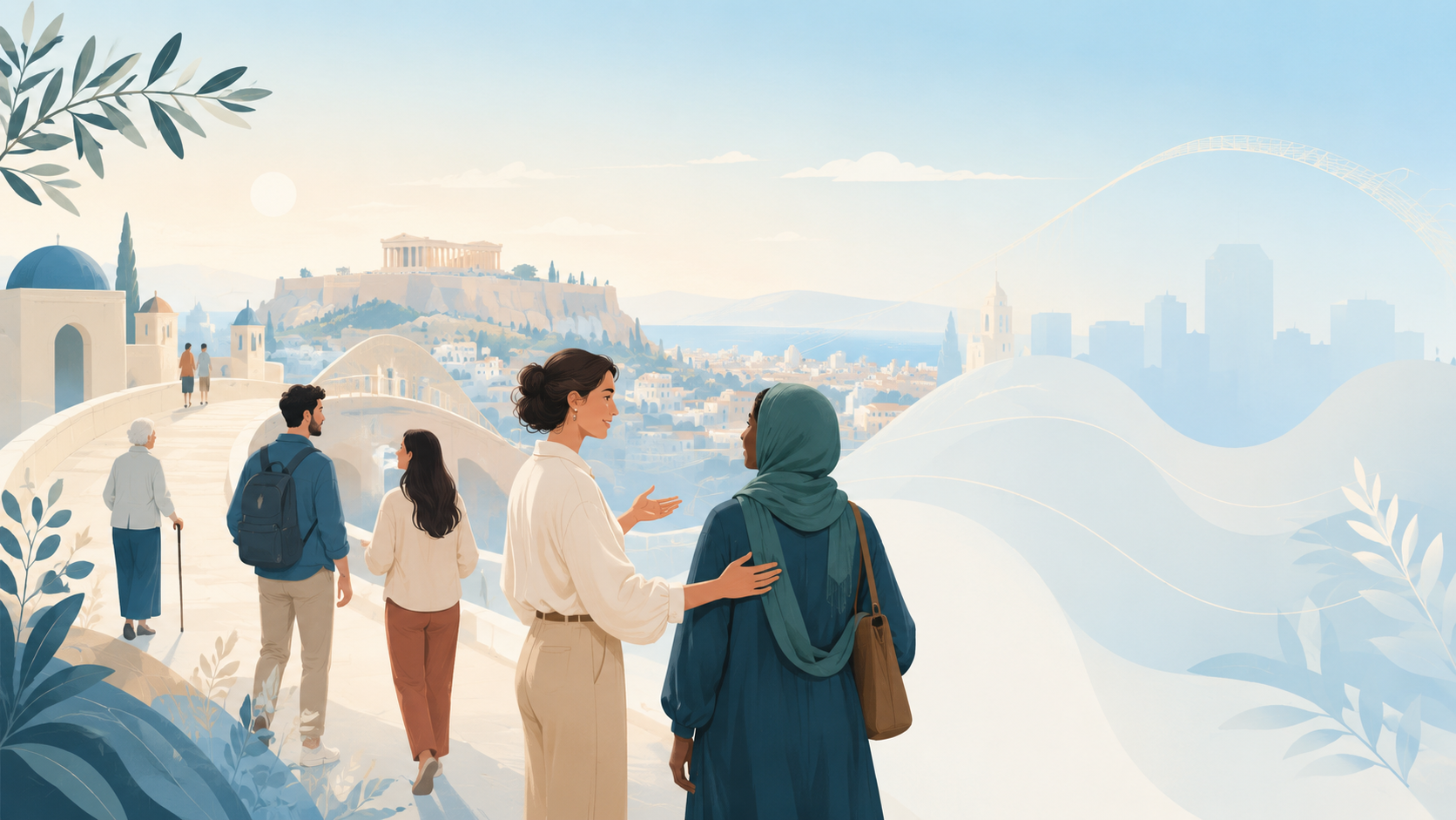 Ilustración original de orientación comunitaria, mediación cultural y Atenas